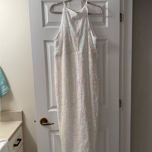 Elegant White and Pink Sequin Gown